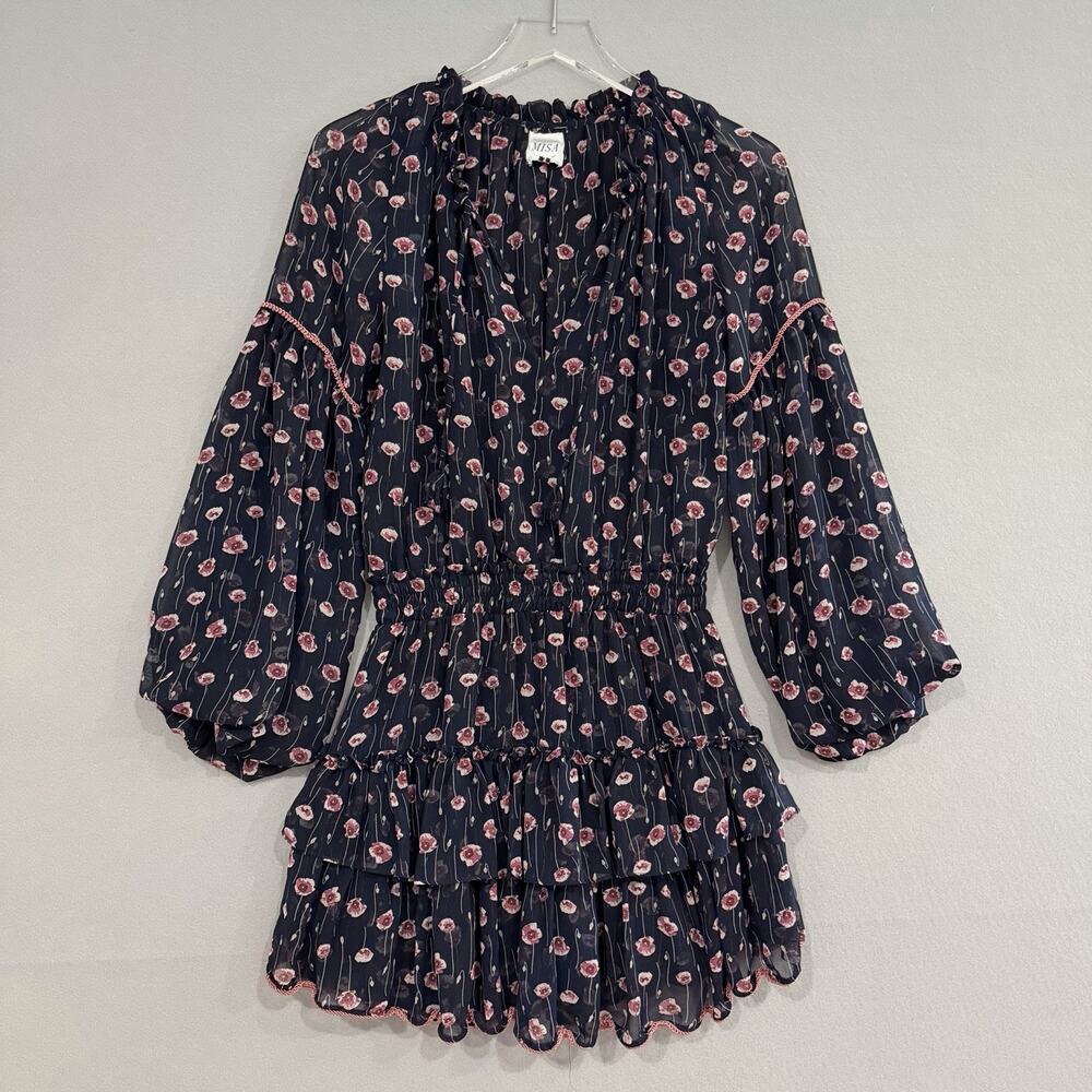 MISA Los Angeles Teya Mini Dress Small Blue Pink Floral Ruffles LongSleeve